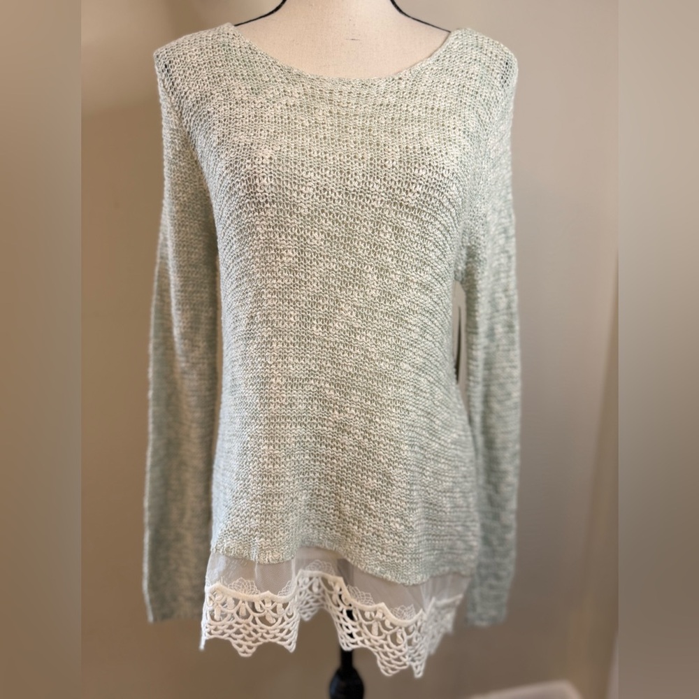 Fever mint green loose knit boho roomy sweater lace trim SZ